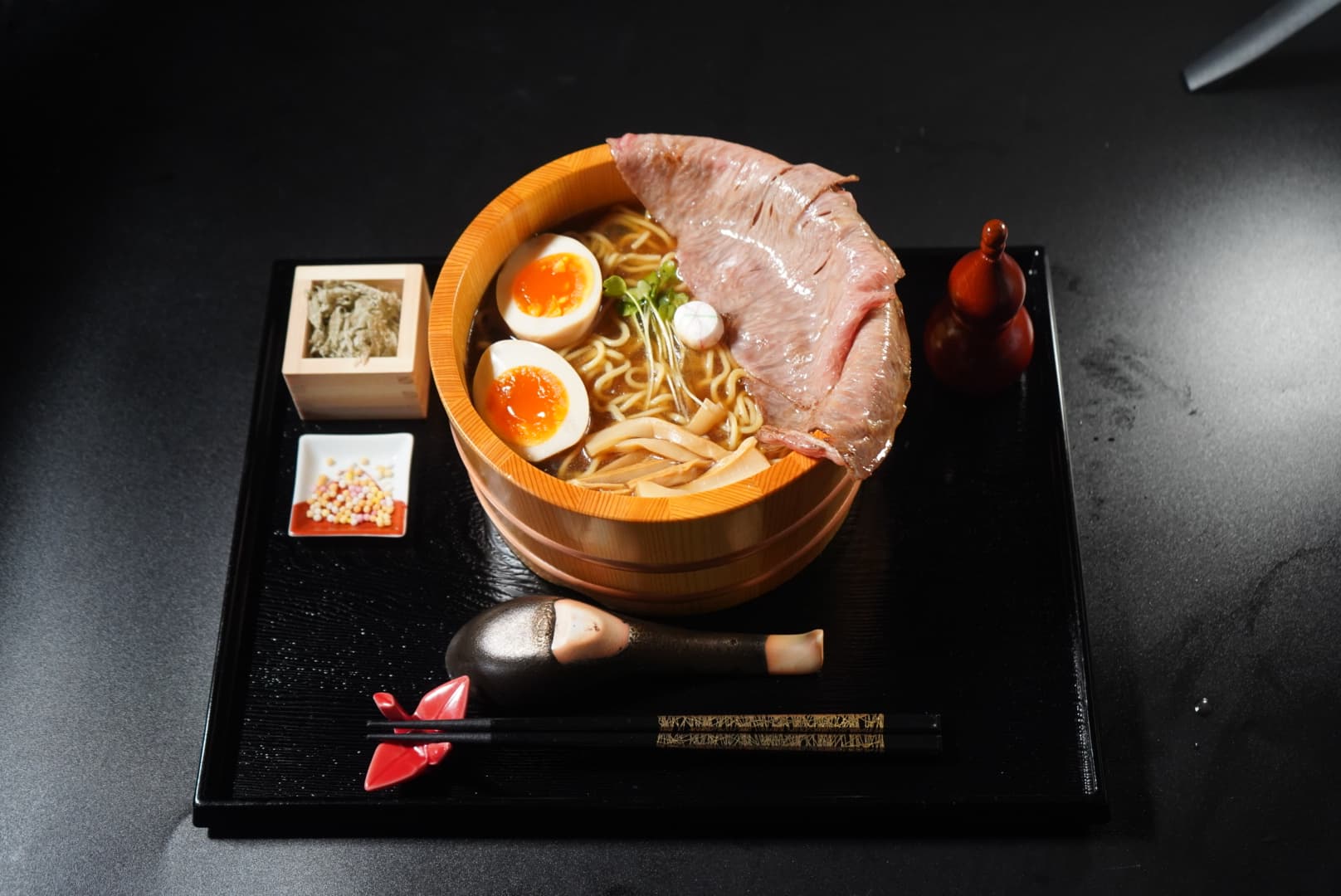 Wagyu ramen in a cedar tub