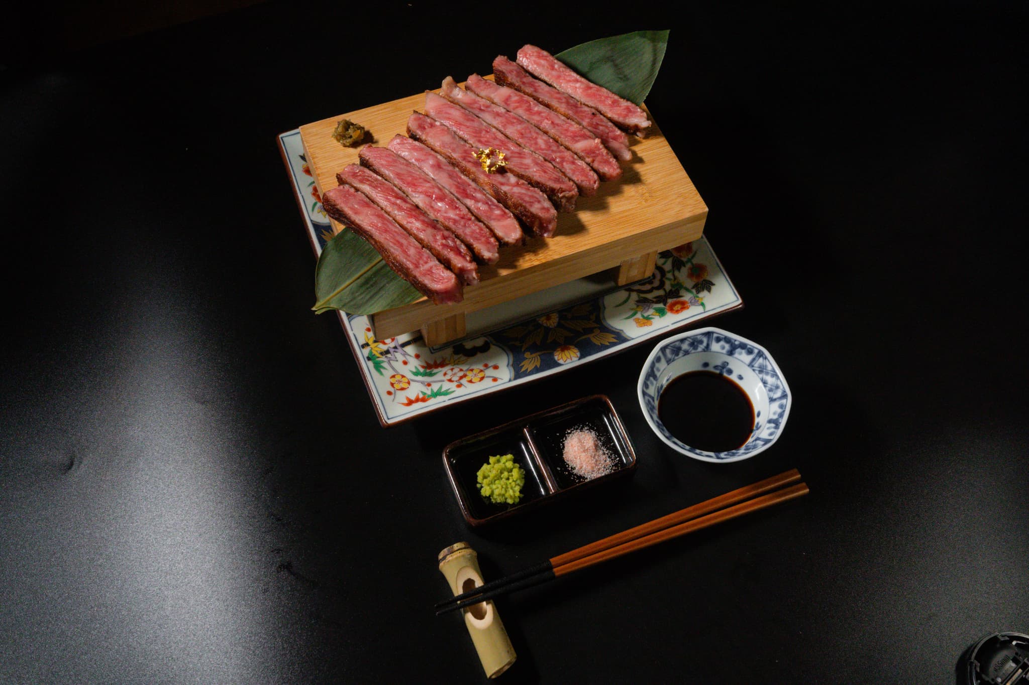 Seared wagyu steak with gold leaf